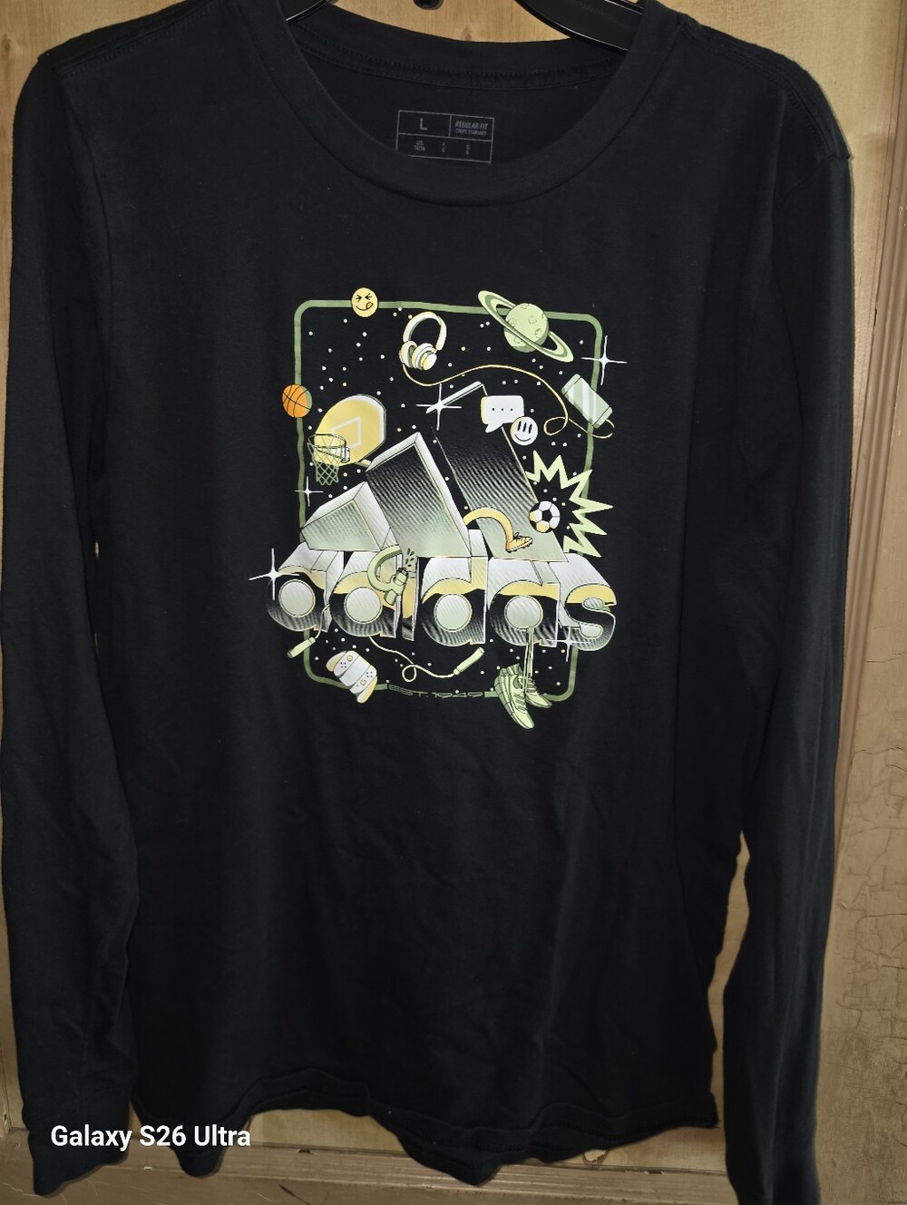 adidas Black Long Sleeve Tee with Neon Green Graphic